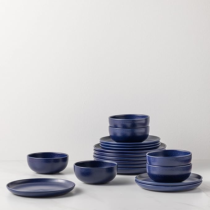 Casafina Ceramic Stoneware 18-Piece Place Setting Service for 6 with Cereal Bowls - Pacifica Collection Blueberry | Microwave &amp Dishwasher Safe Dinnerware Set | Food Safe Restaurant Quality Table