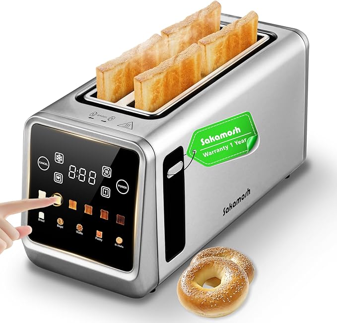 Smart Toaster 4 Slice Touch Screen Digital Toasters with 6 Browning Levels &amp 5 Bread Types Bagel Extra Long Wide Slots Memory Function Timer 1400W Stainless Steel