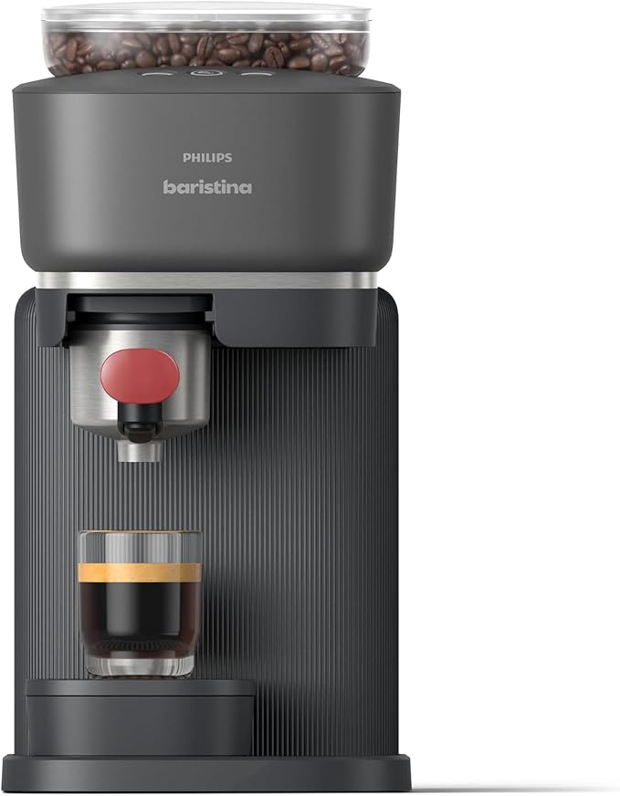 Philips Baristina Espresso Machine Grind Tamp &amp Brew Coffee Beans in One Swipe Compact 16 Bar Pump Pressure Automatic Grinder Black with Berry Red Portafilter (BAR301/60)