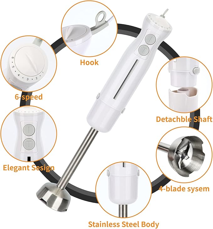 Handheld Blender 5-in-1 Multi-Function Stick Mixer 600w 10 Speed - Perfect for Food Whipping Milk &amp Egg Mixing - Mortar Beaker &amp Measuring Cup Included