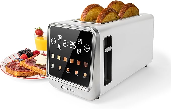 Touch Screen Toaster - 4 Slice 2 Extra Long Slots - 5 Bread Types and 6 Browning Levels - Defrost Reheat Favorite &amp Single Slot Modes - For Toast Bagels &amp Waffles – White