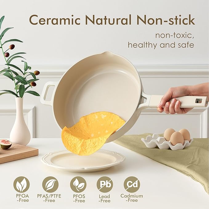 SENSARTE Ceramic Cookware Set Non-toxic 14 Pcs Nonstick Pots and Pans Set Dishwasher Safe Induction Cookware Healthy Kitchen Cooking Set w/Die-cast Lids PFOA/PFAS/PTFE Free