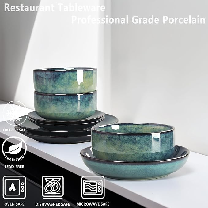 Ceramic Dinnerware (16 pcs) Serve 4 people Plates and Bowls Sets Reactive Glaze Dishes Set Chip Resistant and Scratch Resistant Dishwasher Microwave Safe Suitable for dinner parties