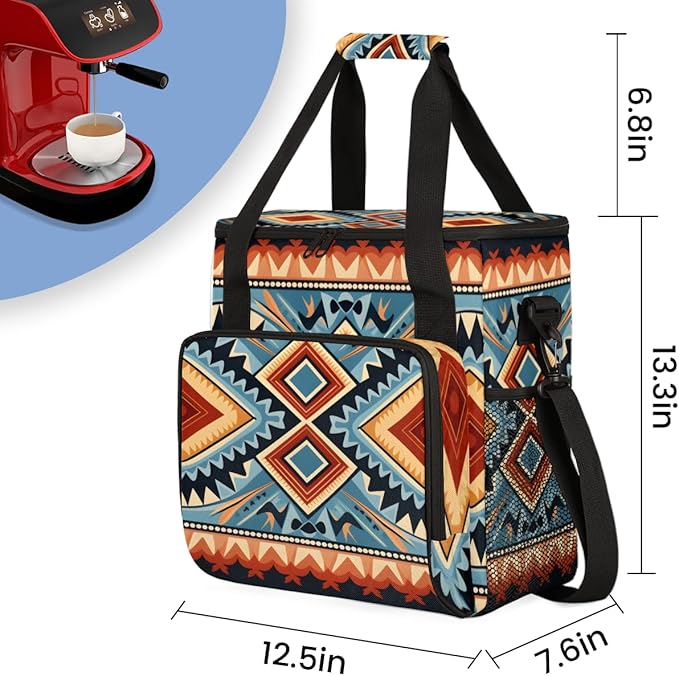 Geometry Aztec Coffee Maker Carrying Bag Retro Pattern Travel Storage Bag Compatible with K-Mini or K-Mini Plus Single Serve Coffee Brewer Carrying Case with Multiple Pockets &amp Shoulder Strap