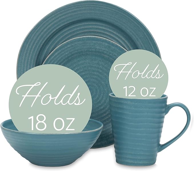 Elanze Designs Charming Chic Ribbed Modern Thrown Pottery Look Ceramic Stoneware Plate Platter Mug &amp Bowl Kitchen Dish Dinnerware 16 Piece Set - Service for 4 Turquoise