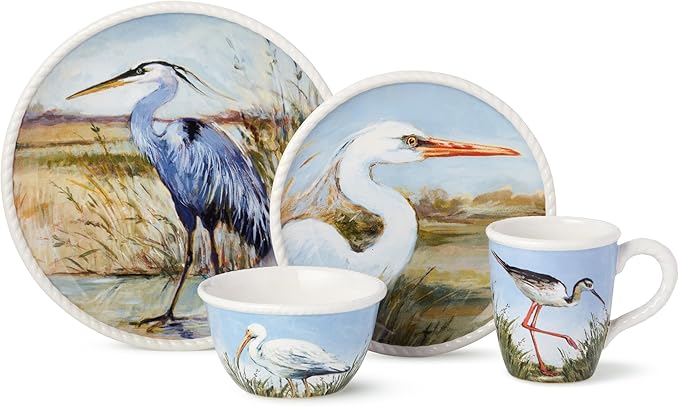 Coastal Birds 16-Piece DINNERWARE SET SERVICE for 4 Ceramic Dinner Salad Plates Mugs Bowls artist-designed Wetland Birds Blue Sky for Coastal Dining