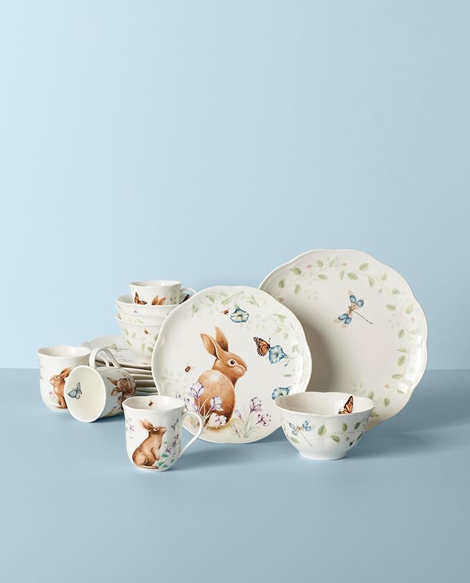 Lenox Dinnerware Set Butterfly Meadow Bunny 16-Piece Set Service For 4 Dishwasher Safe Microwave Safe Made Of Porcelain Bowls And Mugs Plates And Bowls Easter Dish (Assorted 16 Pieces)