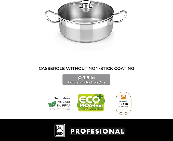 BRA COOKWARE Profesional 9-Piece Stainless Steel Cookware Set | Professional Pots &amp Pans Set | Kitchen Set w/ 2 Pots 1 Sauté Pan 3 Frying Pans 3 Lids | All Heat Sources Compatible | PFOA Free