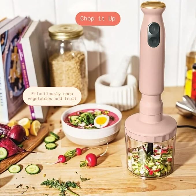 Cordless Hand Blender with 2-Cup Chopper Whisk &amp Large Measuring Cup Perfect for Cooking Smoothies Sauces Purees and Meal Prep (Rose)