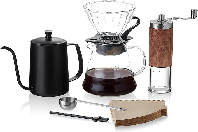 Unbreakable Pour Over Coffee Maker Set – 6-Piece Set with Coffee Maker Hand Coffee Grinder Hand Drip Kettle V60 Filters (40 Sheets) and Measuring Spoon – Perfect for Home Brewing and Travel