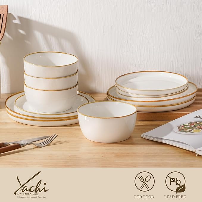 Yachi Plates and Bowls Sets 12 Pieces Modern Style Porcelain Dinnerware Set for 4 Kitchen Dinner Set Ceramic Lightweight Dishware Dishes Set Microwave and Dishwasher SafeWhite Reactive Series