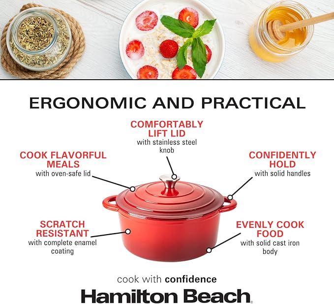 Hamilton Beach Enameled Cast Iron Dutch Oven 5.5-Quart Red Cream Enamel Dutch Oven Pot with Lid