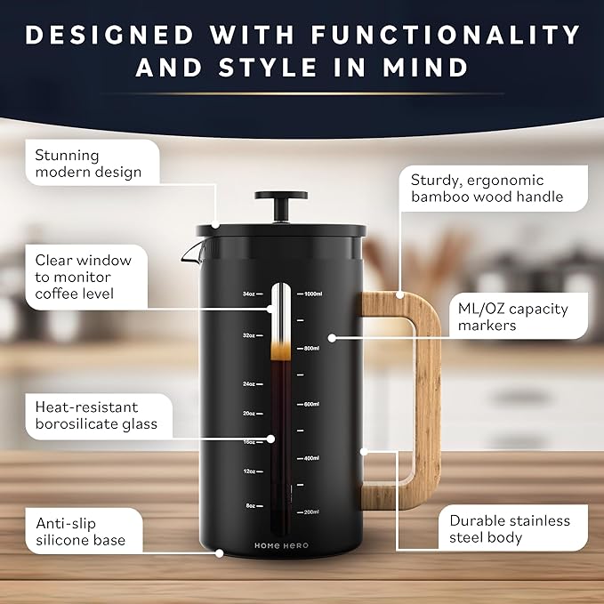 Home Hero French Press Coffee Maker - 34 oz Coffee Press with Bamboo Wood Handle Heat Resistant Thick Borosilicate Glass French Presses 4 Layer Filter French Press Stainless Steel (Black)