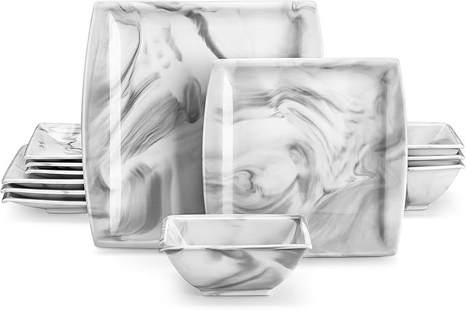 MALACASA Plates and Bowls Sets 12-Piece Porcelain Dinnerware Sets for 4 Square Plates and Bowls for Dessert Salad and Soup Ceramic Dishes Dining Dishware Set Marble Grey Series Blance