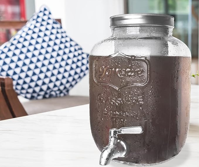 1 Gallon Cold Brew Coffee Maker with Thick Glass Carafe &amp Stainless Steel Mesh Filter and Spigot - Premium Iced Coffee Maker Cold Brew Pitcher &amp Tea Infuser