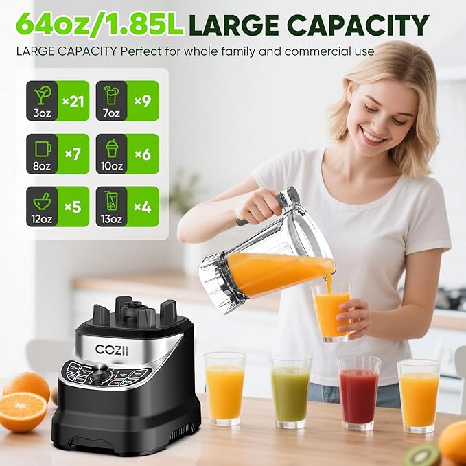 COZII Professional Blenders 2000W for Kitchen with 64oz Pitcher &amp 21oz To-go Cup Quiet Blender for Smoothies/Ice Crushing/Frozen Drink/Nut Milk 7 Preset Programs &amp 8 Speed Control Dishwashe