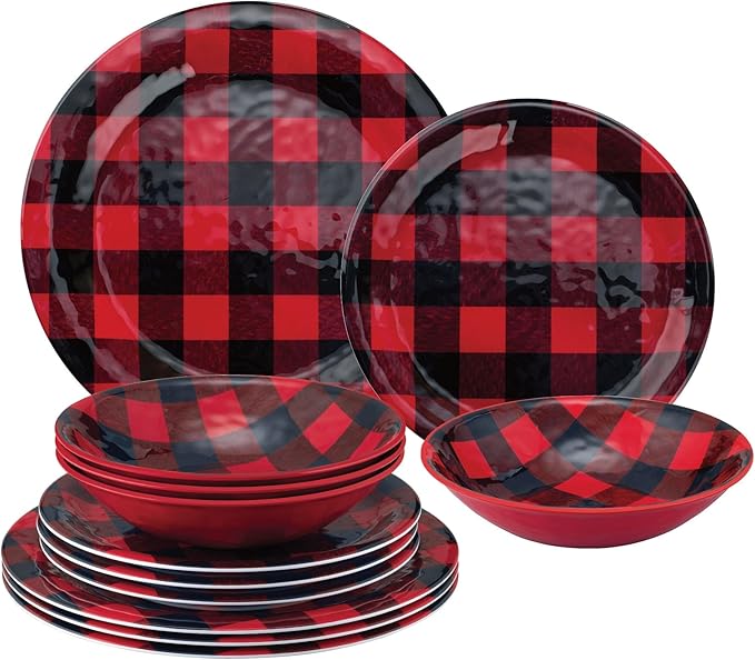 UPware 12 Piece Buffalo Plaid Melamine Dinnerware Sets Outdoor Dishes Set Plates and Bowls Sets Christmas Decorations Service for 4 Red