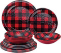 UPware 12 Piece Buffalo Plaid Melamine Dinnerware Sets Outdoor Dishes Set Plates and Bowls Sets Christmas Decorations Service for 4 Red