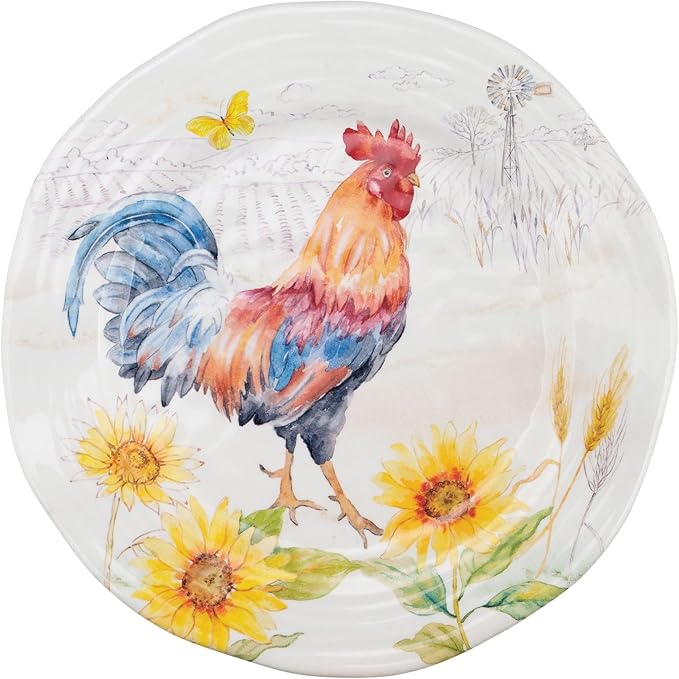 UPware 12 Piece Sunshine Rooster Melamine Dinnerware Sets Outdoor Dishes Set Plates and Bowls Sets Service for 4 Multicolor