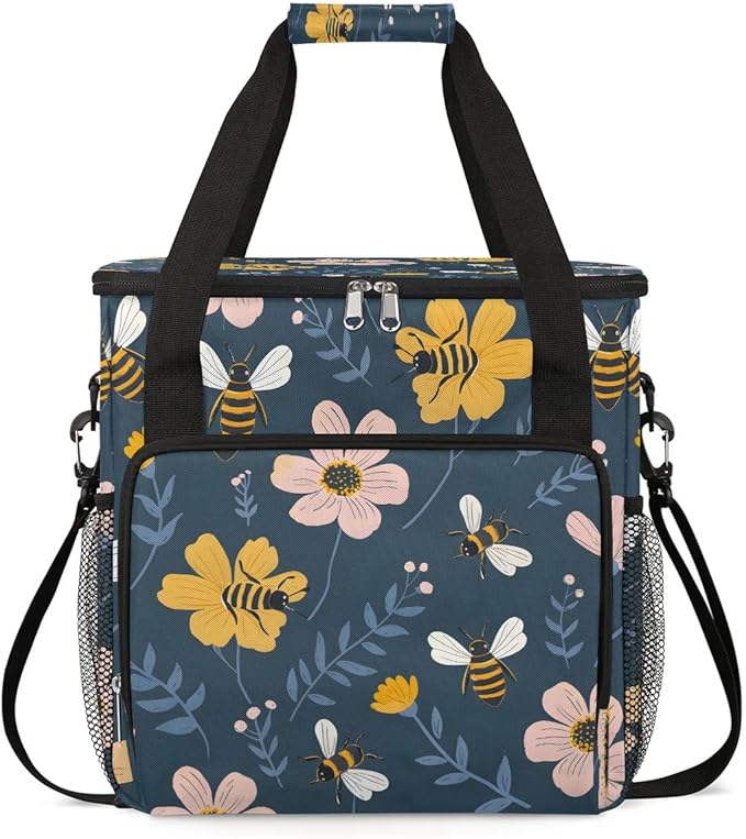 Cute Bee Flower Coffee Maker Carrying Bag Compatible with K-Mini or K-Mini Plus Portable Single Cup Coffee Maker Case with Pockets for K Cup Pods