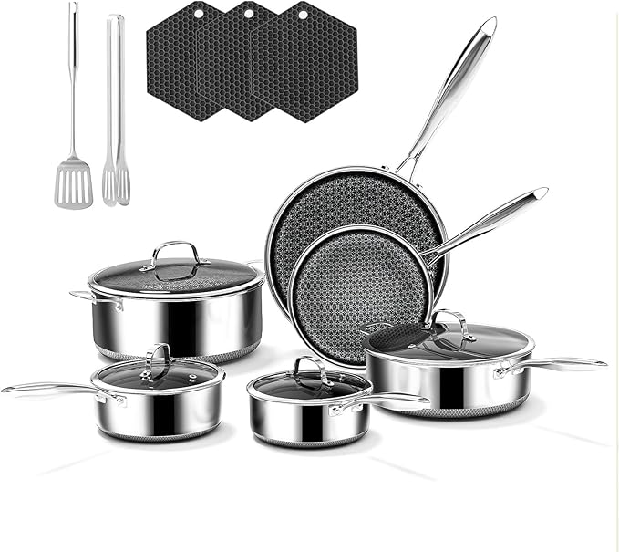 15-Piece 5 Ply Stainless Steel Cookware Set with Lids Pots and Pans Set Non Stick Non-Toxic Kitchen Utensils Set for Induction Oven Dishwasher Safe RV Essentials Kitchen Appliances
