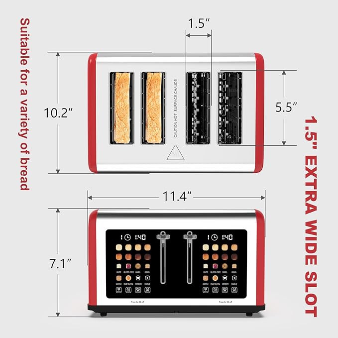 4 Slice Toaster Touch Screen Stainless Steel Toasters Digital Timer Dual Control Panel Toasters 8 Shade Settings 6 Bread Types for Bagel Cancel Defrost 1650W Red