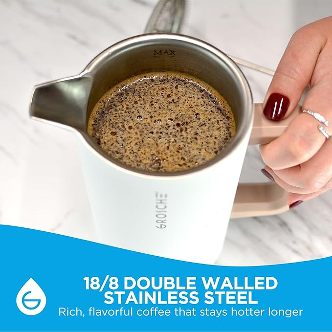 GROSCHE Dub'lin Stainless Steel Coffee Maker French Press 8 Cup | 34 FL Oz Coffee Press 18/8 Double Walled Stainless Steel French Press Coffee Maker - Hot/Cold Brew | Stainless French Press - WHITE
