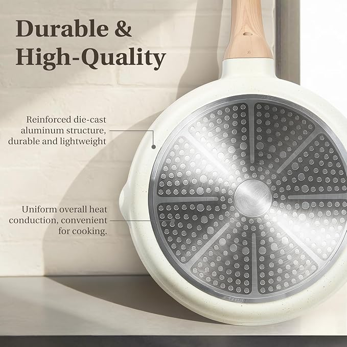 NEWBULIG Nonstick Cookware Set Granite Pots and Pans with Lids Induction Non Stick Cooking Set w/Frying Pans &amp Saucepans 25-Piece/Set Beige