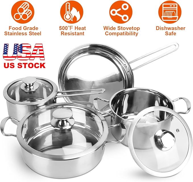 Stainless Steel Cookware Set with Induction Pots &amp Pans Dishwasher Safe Includes 2.7/3.7 Quart Stockpot