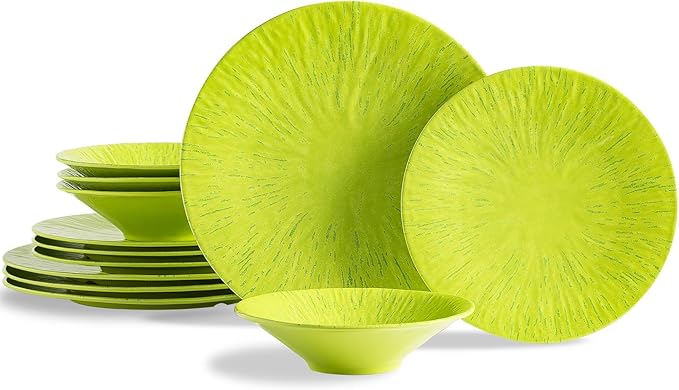MissYIP 12 Pcs Melamine Dinnerware Set - Unbreakable Melamine Dish Set Setervice for 4Dishwasher Safe Melamine Plates and Bowls - Ideals for Party CampingIndoor and Outdoor Use(Light Green)