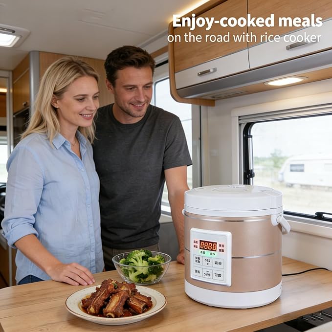 1.6L Rice Cooker 12V-24V Electric Lunch Box Manufacturer Multicooker Small Rice Stove for Car Truck RV Travel Camping Gold (1601)