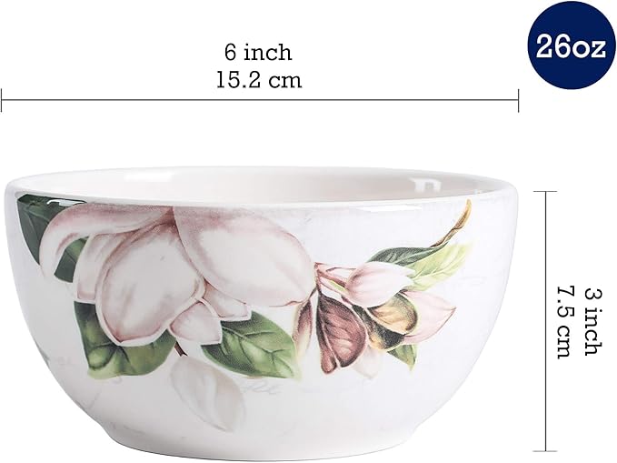 Bico Magnolia Floral Ceramic 12 pcs Dinnerware Set Service for 4 Inclusive of 11 inch Dinner Plates 8.75 inch Salad Plates and 26oz Cereal Bowls for Party Microwave &amp Dishwasher Safe