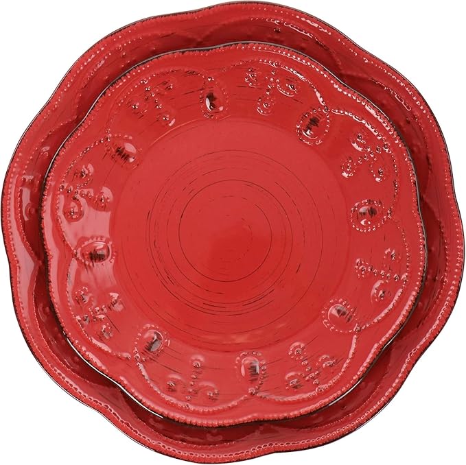 16 Piece Stoneware Dinnerware Set – Rustic Birch Embossed Plates and Bowls Dishwasher &amp Microwave Safe Dinner Set for 4 Elegant Scalloped Edges and Wood-Inspired Design (Red)