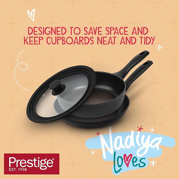Prestige x Nadiya Non Stick Frying Pan Set of 2 with Universal Glass Lid &amp Stay Cool Handles - Stackable Induction Frying Pans 24cm &amp 26cm Oven and Dishwasher Safe Black