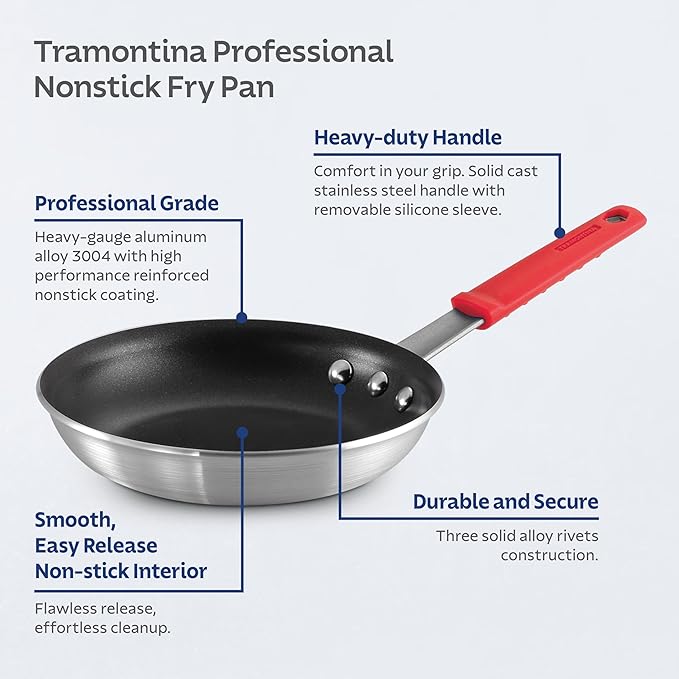 Tramontina Professional 8-Inch Non Stick Small Frying Pan Heavy-Gauge Aluminum Skillet with Reinforced Nonstick Coating Red Handle Dishwasher and Oven Safe