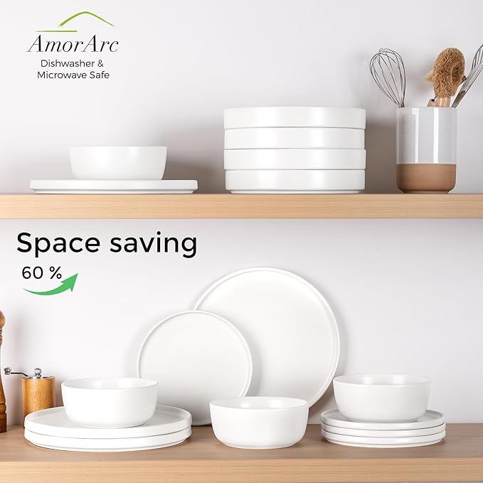 AmorArc Stoneware Dinnerware Sets for 6Reactive Ceramic Plates and Bowls SetHighly Chip and Crack Resistant | Dishwasher &amp Microwave Safe | Round Dishes Set Service for 6 (18pc)Matte White