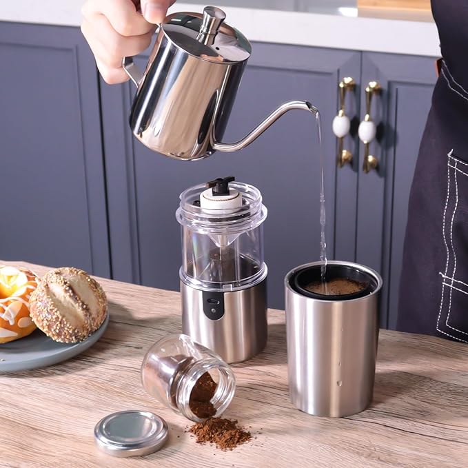 SOTECH 2 in 1 E-grinder Pour Over Coffee Maker Set with Stainless Steel Electric Bean Grinder and Steel kettle Packing Bag