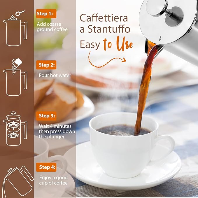 34oz French Press Coffee Maker 1000ml Stainless Steel Double Insulated Cafetiere 8 Cup Espresso Coffee Press Portable Coffee Plunger Pot for Home Office Camping