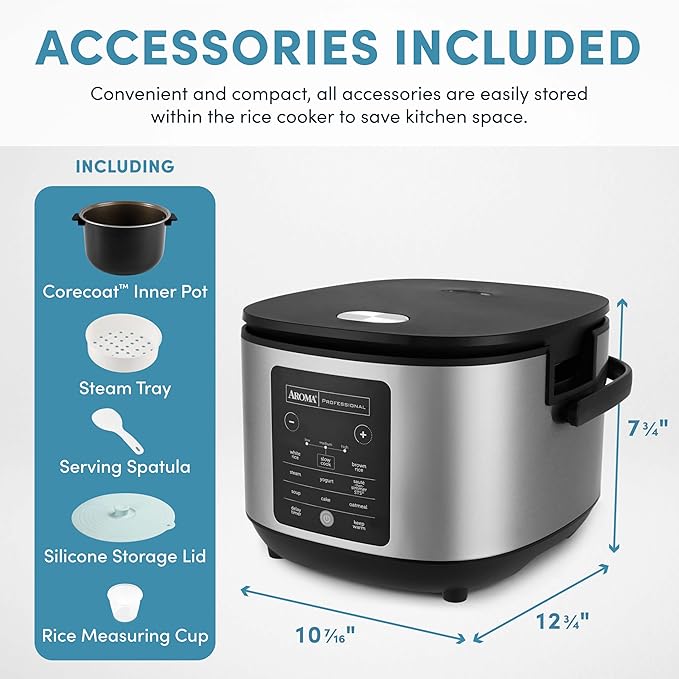 AROMA® 6-Cup (Uncooked)/ 12-Cup (Cooked) Slow Cook Rice Cooker and Brown Rice Cooker with Lift-Out Pot Handles and Silicone Storage Lid PFAS-Free Ceramic Coating