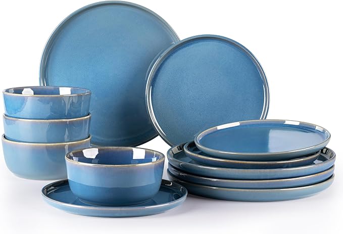 GBHOME Ceramic Dinnerware Sets for 4 12 Pieces Stoneware Plates and Bowls Sets Reactive Glaze Dishes -Scratch Resistant Dishwasher&ampMicrowave Safe-Alaskan Blue