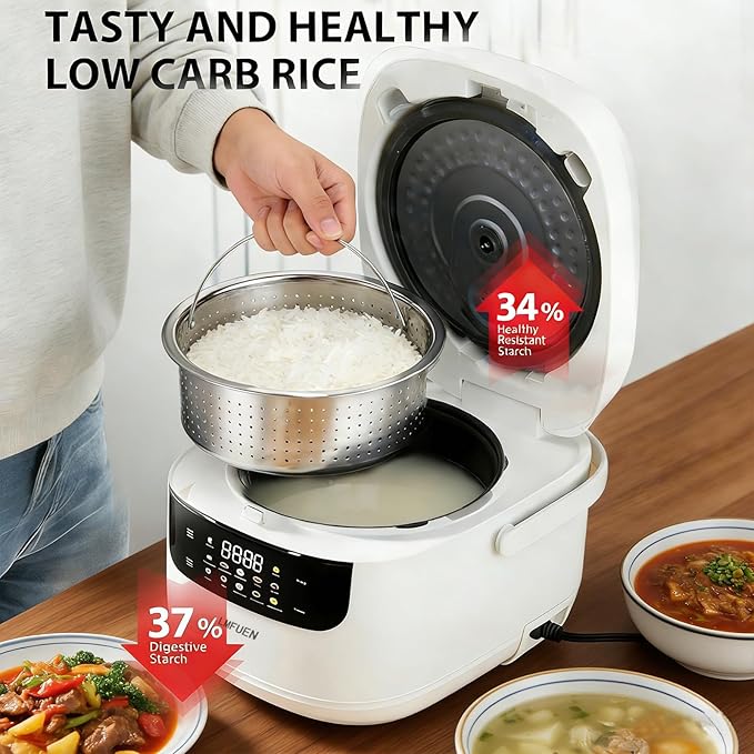 Portable Mini Stainless Steel Low Carb Rice Cooker2L6 Cups Cooked/3 Cups Uncooked400W Non-Stick Rice Maker 24 hours Timer Delay10 Functions Fast CookerAuto Keep WarmWhite