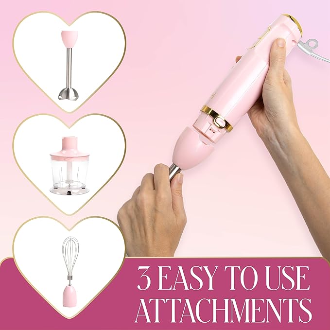 Paris Hilton Hand Blender Set 3-in-1 Immersion Blender with Whisk Blending &amp Chopper Attachments 400W High Speed Pink with Gold Accents – Smoothies Soups Sauces Baby Food Whipped Cream Pi