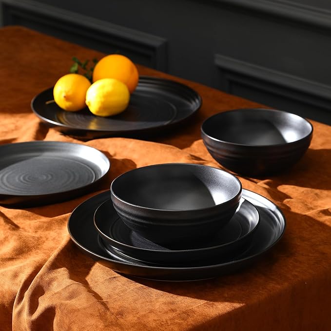 Stone Lain Elio 24-Piece Dinnerware Set Stoneware Plates and Bowls Set Dish Set for 8 Black