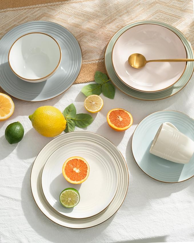 Famiware Jupiter Stoneware Dinnerware Sets for 4 (16-Piece) Handcrafted Dishes with Embossed Swirl &amp Speckles Multi-Color - Includes Chip Resistant Pasta Bowl &amp Dinner Plate for Daily &amp