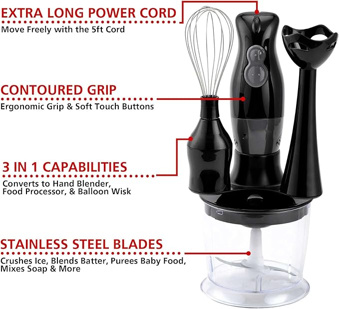 2-Speed Electric Hand Blender with Balloon Whisk – Ergonomic Immersion Blender for Mixing Chopping and Food Processing – Stainless Steel Blades 5ft Cord Dishwasher Safe (Black)