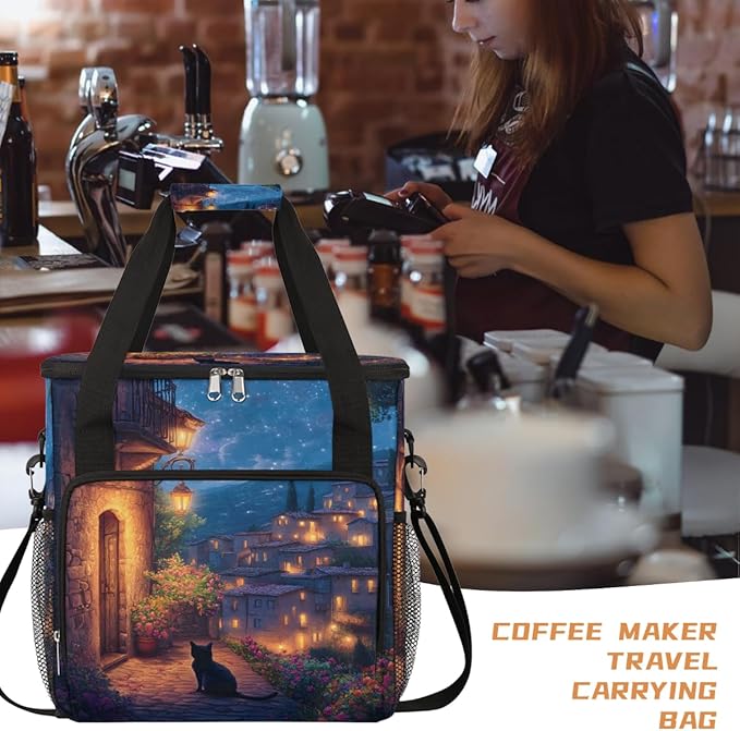 Light Night Scene Cat Coffee Maker Carring Bag Travel Carrying Storage Tote Bag Compatible with Keurig K-Mini or K-Mini Plus Portable Single Serve Coffee Brewer Case with Pockets for K-cup Pods