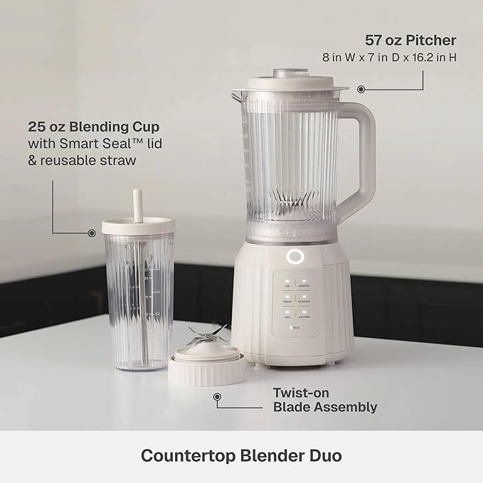 Countertop Blender with Pitcher and To-Go Cup 1100W High-Power Blender Stainless Steel Blade Multiple Speed Settings (Sand White)