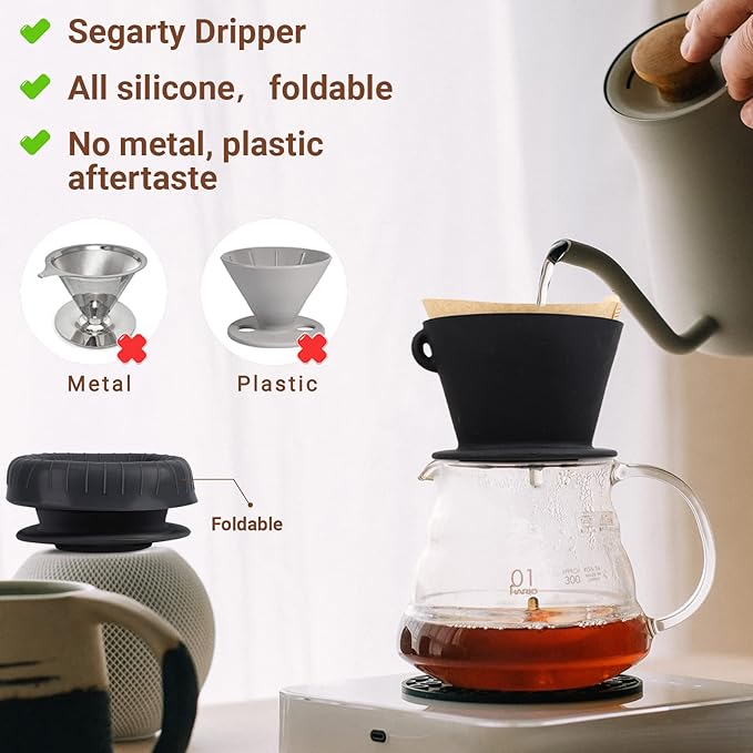 Segarty Pour Over Coffee Maker White Ceramic Coffee Dripper and Black Silicone Dripper Cup Dripping Brewer with 3 Holes Flat Bottom Coffee Filter Holder for Travel Camping Office Home