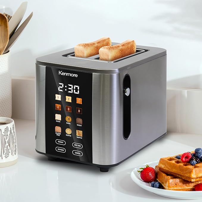 Kenmore 2-Slice Digital Touchscreen Toaster - 900W Stainless Steel Wide Slots 6 Shade Settings Bread Presets Countdown Timer Reheat &amp Defrost Functions Compact Countertop Design tostadora digi