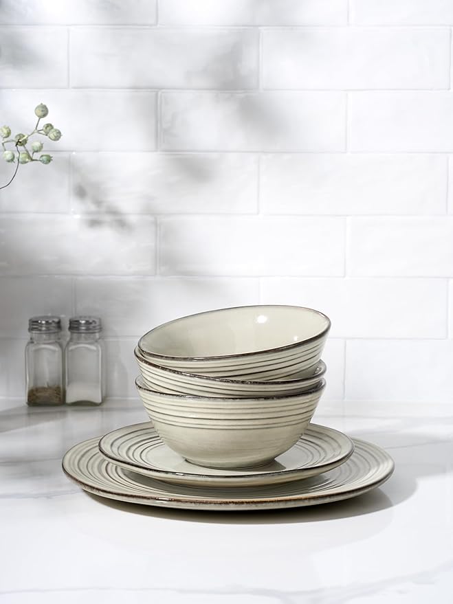 Famiware Plates and Bowls Sets 24-Piece Stoneware Dinnerware Sets Dishes Set for 8 Hand-made Reactive Glaze Dish Set Twilight Series Terre-verte